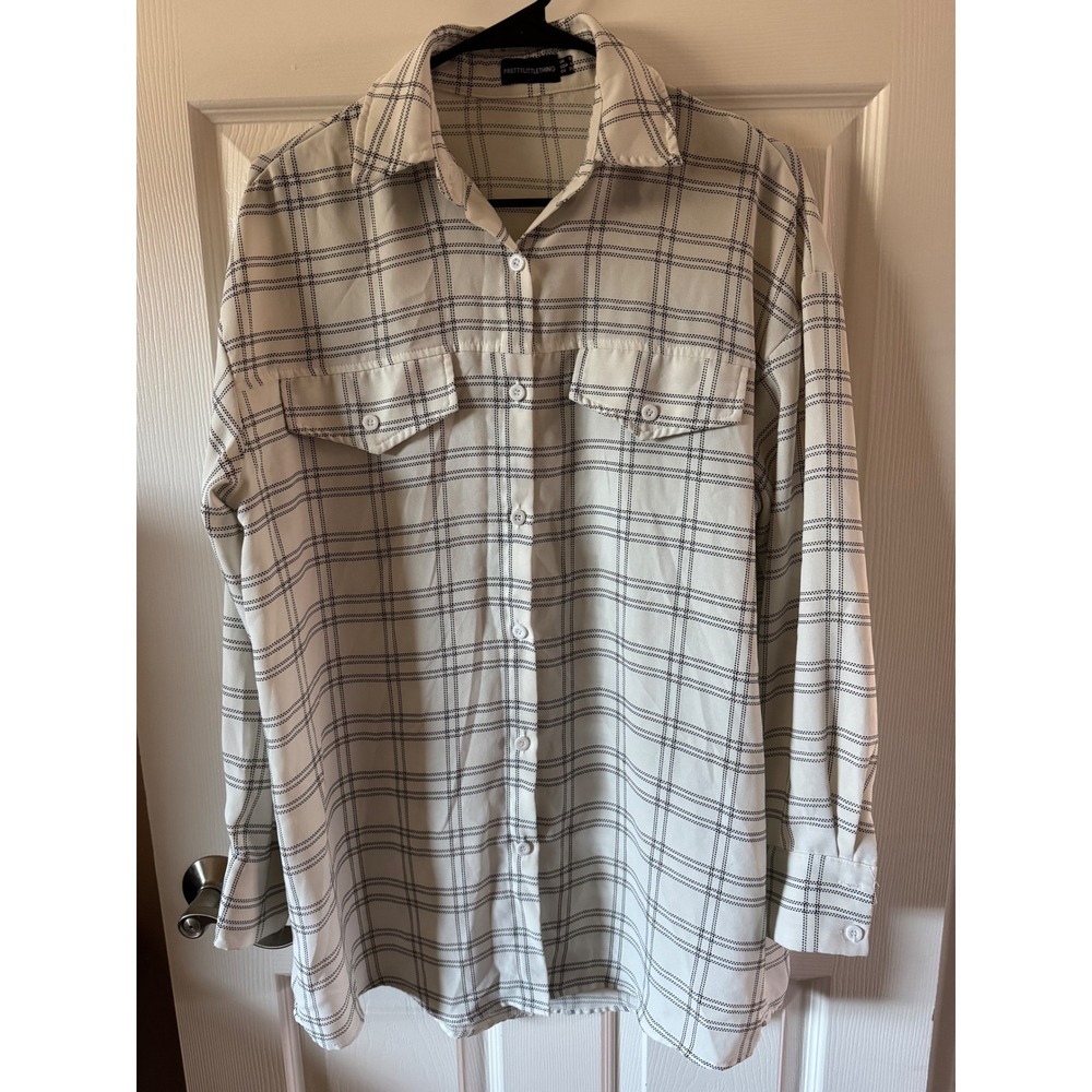 PrettyLittleThing Cream Black Plaid Long‎ Sleeve Button Up Shirt Women Size US 4